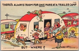 c1950s Comic Linen Postcard "There's Always Room for One More at a Trailer Park" - Picture 1 of 2