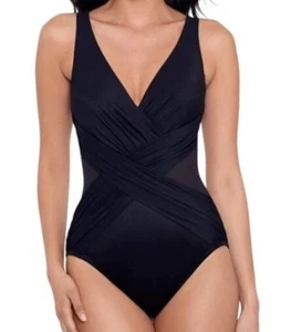 Miraclesuit Damen schwarz Crossover mit Netz Einteiler Badeanzug Größe 16 neu ohne Etikett - Bild 1 von 4