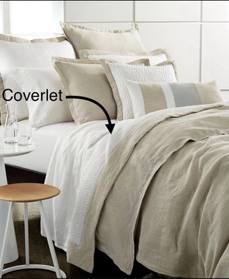 Hotel Collection Voile Queen Quilt Coverlet White W/ Natural Linen Border EUC - Image 1 of 4