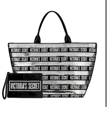 Bolso de Mano Victoria's Secret Grande de Lentejuelas con Muñequera Negro Plata Foto 1 de 4