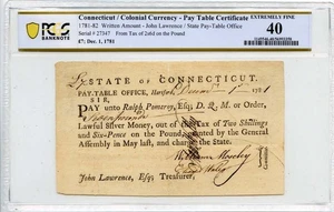 1781 7Pd Connecticut Colonial Note John Lawrence Pay Table PCGS XF40 - Picture 1 of 2