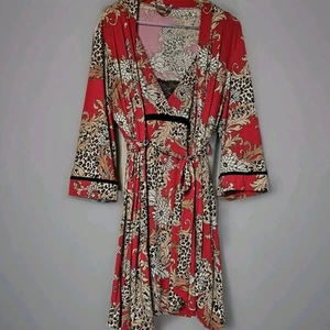 Linea Donatella 2 Pc Lingerie Set Chemise Robe Womens XL Cheetah Red Luxury - Picture 1 of 11
