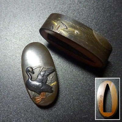 Antique 3.7 x 2.1 x 1.0cm 3.5 x 1.7 x 0.8cm Fuchi For Samurai Sword Katana #165 Foto 1 de 2