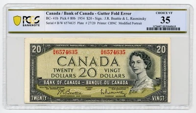 1954 $20 Bank of Canada, BC-49a, GUTTER FOLD ERROR - Choice Very Fine, PCGS VF35 - Image 1 of 2