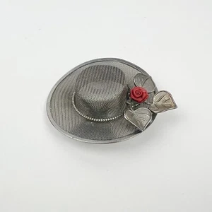 Gray Hat Brooch Red Rose Flower Mesh Hat Brooch Lapel Pin With Leaves - Picture 1 of 4
