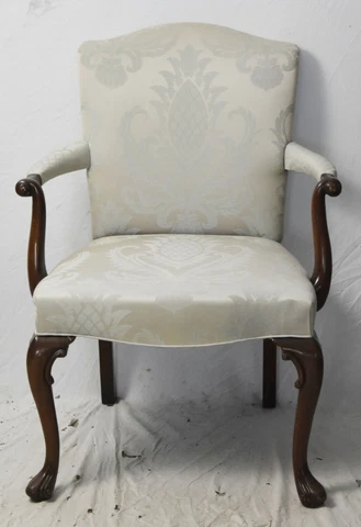 Hickory Chair Co. Mahogany Chippendale Arm Chair Silk Ivory Damask Fabric Cover
