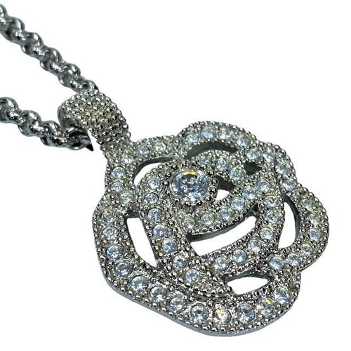 Christian Dior Rose pendant necklace flower Rhinestone Silver color 60cm w/Box