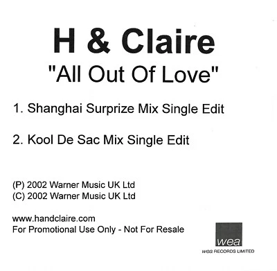H & Claire-All Out Of Love 2-track DJ promo CD single 2002 WEA Records — 第 1/2 张图片