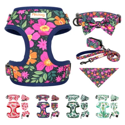 5pcs set Cute Mesh Dog Vest Harness+Pet Bowtie Collar+Leash+Poop Bag+Bandana Bib - Image 1 of 4