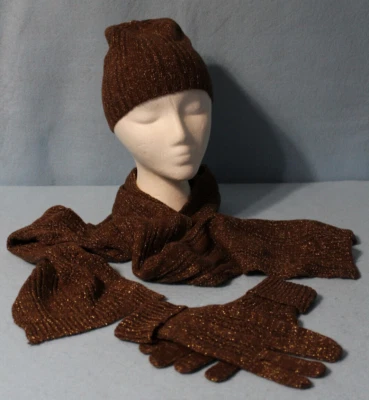 NUEVO Conjunto Mujer Sombrero Guantes Bufanda Marrón, Dorado Metálico 1 Talla Ver Medidas* Foto 1 de 4
