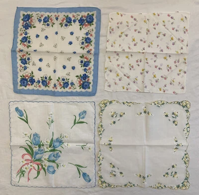 Set of 4 Vintage Multicolor Linen Handkerchiefs with Floral Chintz Print - Image 1 of 4
