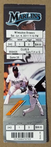 Miami Florida Marlins Ticket Stub 06-04-11 vs Brewers Hanley Ramirez - Fast Ship Cover