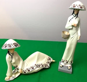 Juego de 2 estatuillas asiáticas tradicionales blancas de cerámica china grande vintage de mujer - Imagen 1 de 7