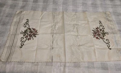 Vintage Embroidery Table Runner Red Flowers 34 X 17" - Image 1 of 4