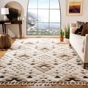 Moroccan Tassel Shag Collection Area Rug - 8' x 10', Ivory & Brown, Boho Desi... - Picture 1 of 8