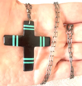 .99 AUCTIONS! Vtg Sterling Silver Navajo Turquoise Inlay Black Cross NECKLACE - Picture 1 of 6