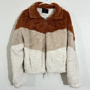 THIS&MORE Fuzzy Faux Fur Color Block Jacket Brown Beige Creme Damen Medium - Bild 1 von 11