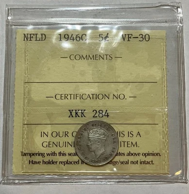 1946 C Newfoundland Silver 5 Cents - Key Date - Certified VF 30 - Image 1 of 4