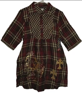 Vintage Ed Hardy Christian Audigier kariertes Babydoll Tunika Kleid Größe Medium neu mit Etikett - Bild 1 von 9