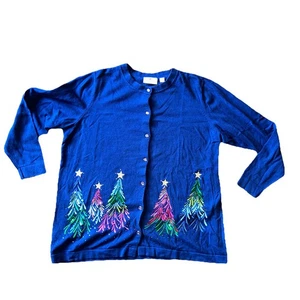 Quacker Factory Christmas Tree Sweater Cardigan Womens XL Blue Sequin - Picture 1 of 4