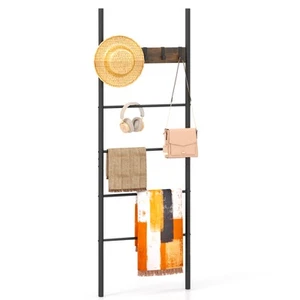 5-Tier Decorative Blanket Holder Blanket Ladder w/5 Removable Hooks Rustic Brown - Picture 1 of 9