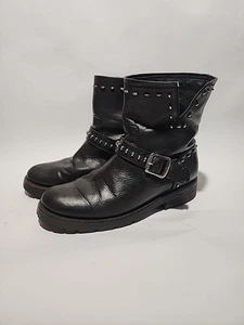 FRYE Natalie Black Lug Rebel Industrial Stud Riding Leather Booties Women 8.5 B - Picture 1 of 9