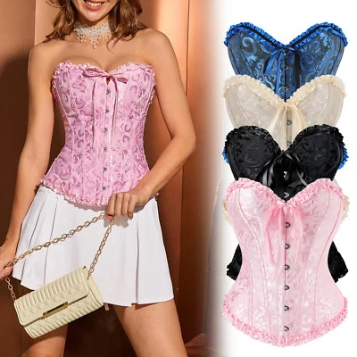 Women Sexy Overbust Boned Corset Burlesque Basque Tops Lace Up Waist Pink S-6XL - Image 1 of 4
