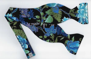Floral Bow Tie, Blue, Turquoise, Jade, Purple Blossoms & Vines, Self-tie Bow tie - Picture 1 of 5