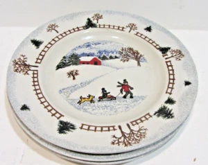 Folkcraft Stoneware Winter Side Set of 3 Salad Plates 8 1/2" Winter Scene - Picture 1 of 3