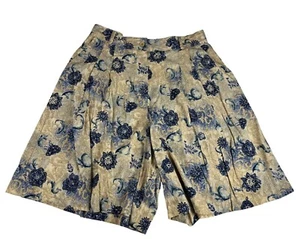 Vintage 90s Worthington Floral High Waisted Shorts Women's 14 Tan Blue Pleated - Picture 1 of 8