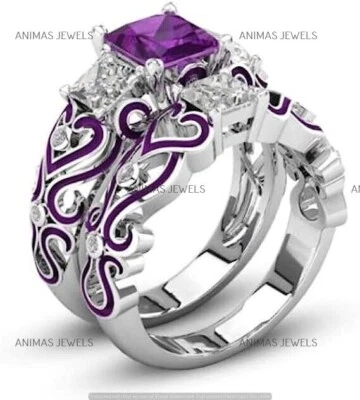 Conjunto de anillo de compromiso nupcial de amatista creado en laboratorio de 3,00 quilates de plata de ley 925 real Foto 1 de 3