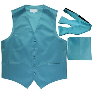 New Men's Solid Tuxedo Vest Waistcoat & Free Style Self-tie Bowtie Set Aqua Blue - Picture 1 of 7
