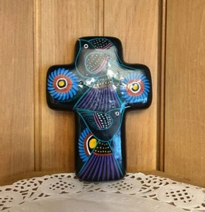 Talavera Mexican Pottery Wall Cross Hand Painted Birds Floral Folk Art - Picture 1 of 7