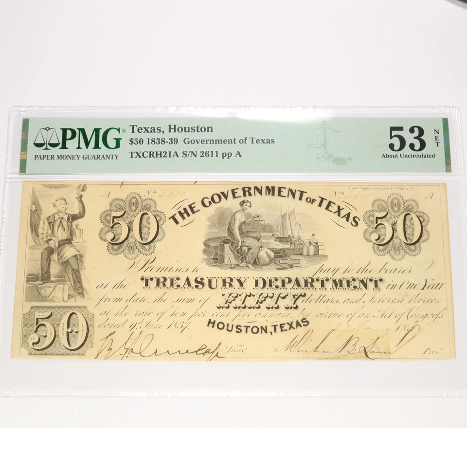 1838-39 PMG AU53 NET - Houston GOVERNMENT OF TEXAS $50 Treasury Note #45668F - Image 1 of 2