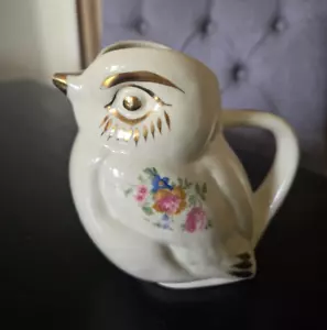 Vintage LUSTERWARE 5" Vogel Milchkännchen Krug Elfenbein mit Blumen und Gold Akzenten - Bild 1 von 6