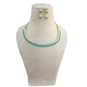Turquoise & Pearl Gemstone Necklace , Gold plated South Indian Necklace Gifts - Picture 1 of 9
