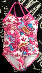 UNWORN Girls 6 KAMI SWIMSUIT Pink Blue Tropical HAWAIIAN FLOWER Swim Suit 1 PC - Picture 1 of 6