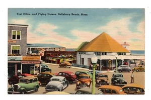 SALISBURY BEACH, MA ~ AMUSEMENT PARK & POST OFFICE, CARS, Pub TICHNOR ~ 1930s - Picture 1 of 2