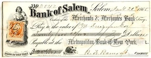 1865 Bank of Salem Merchants & Mechanics Bank, Troy, NY Bank Check w Stamp - Picture 1 of 2