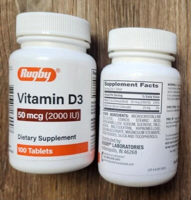 Suplemento dietético de vitamina D3 de rugby 50 mcg (2000 UI)-100 tabletas-caduca: 07/2025 Foto 1 de 2