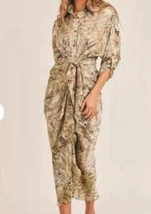 Mable Satin Button Down Rushed collared neutral brunch MIDI Dress Medium - Picture 1 of 14