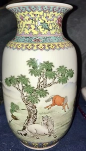 FINE CHINESE REPUBLIC PORCELAIN ROULEAU VASE HORSES & POEM VINTAGE HAND PAINTED - Picture 1 of 13