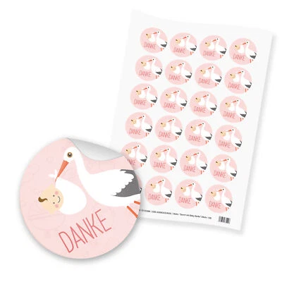 itenga 24x Sticker Aufkleber Danke Storch Baby rosa Mädchen Geburt Taufe Feier - Bild 1 von 2
