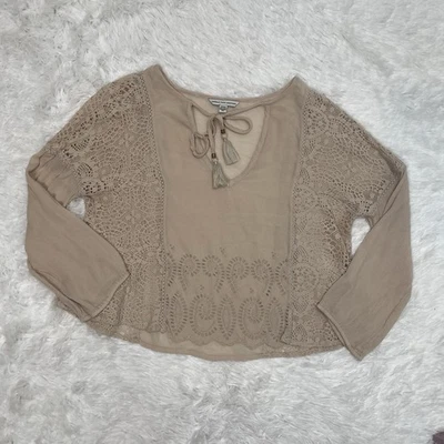 Blusa boho de encaje American Eagle para mujer talla S pequeña manga larga calce suelto tostado Foto 1 de 4