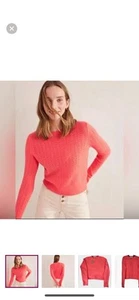 Boden Fluffy Pointelle Mohair Wool Blend Crew Neck Sweater Coral Red Crop L NWT - Picture 1 of 11