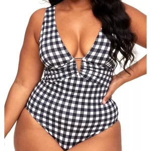 Adore Me 1X Black White Gingham Plaid Swimsuit One Piece Ruched Resort Cruise - Picture 1 of 7