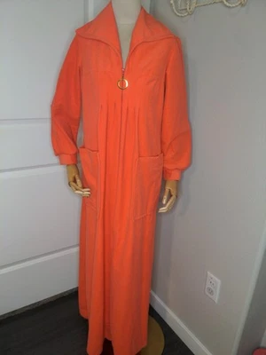 Vintage 70s I Appel Women's Orange Velvet Robe Long Half Zip Winter SZ SP - Image 1 of 4
