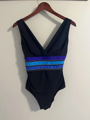 Longitude Swimsuit Black Blue Purple Striped Waist Front V Vintage 10 Excellent - Image 1 of 4