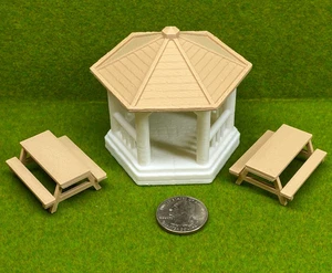 O Scale Park Gazebo w/ 2 Picnic Tables – 3D Printed Model Railroad Scenery 1:48 - Picture 1 of 10