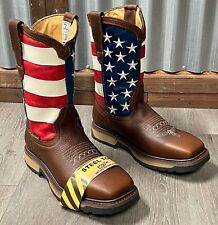 MEN'S WORK BOOTS AMERICAN FLAG SOFT & STEEL TOE SQUARE COWBOY GENUINE LEATHER US